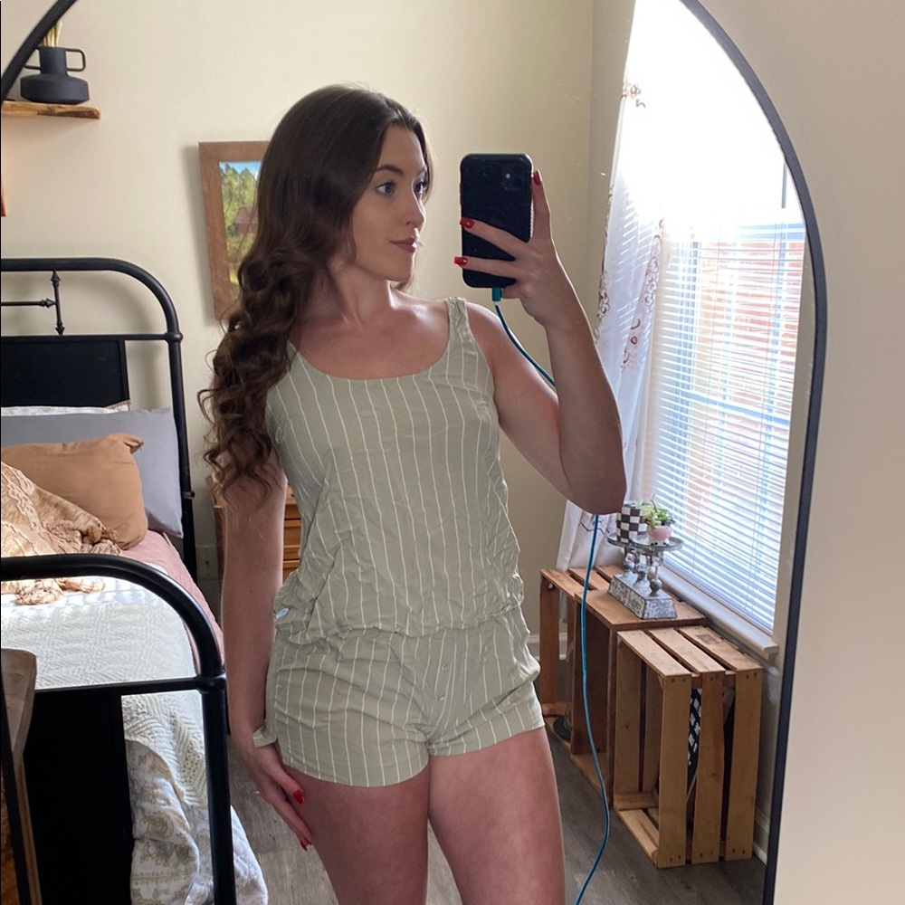 Bliss Olive Green and White striped Tow Piece Matching Pajama Set — Women’s S/M